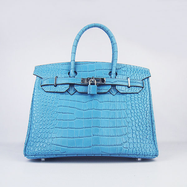 Replica Hermes Birkin 30CM Crocodile Veins Bag Blue 6088 On Sale